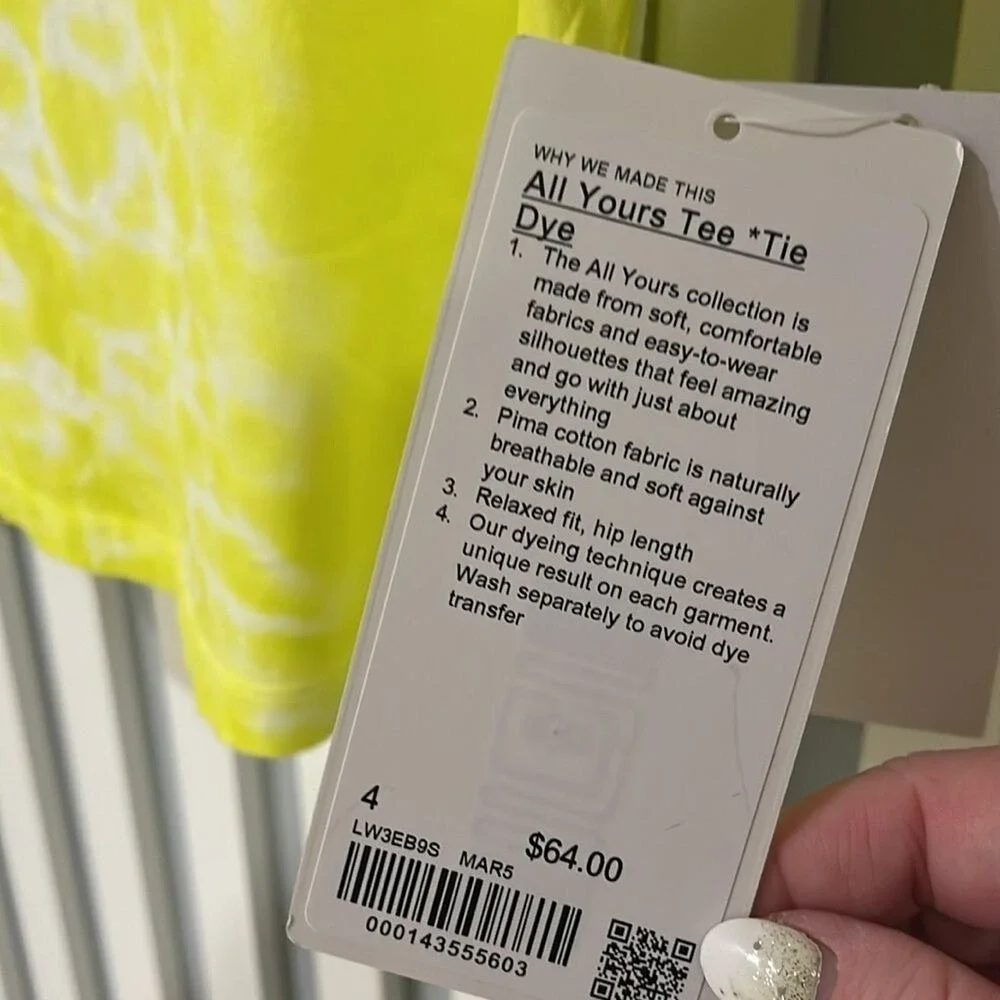 Lululemon All Yours Cotton Tee Tie Dye Yellow Size 4 NWT π - Picture 4 of 7
